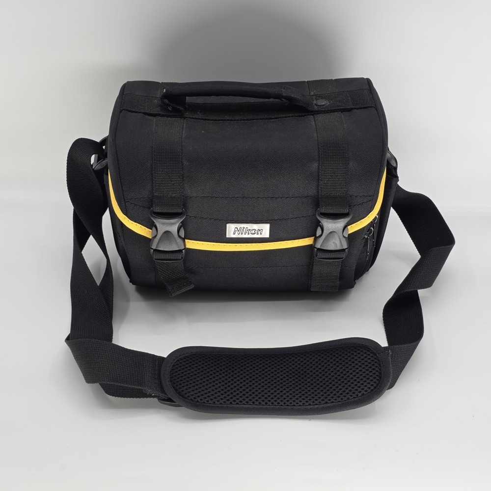 Genuine Nikon Padded Camera Case Black Yellow Piping Carry Shoulder Bag + Strap